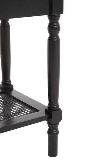 Black Wooden Side Table with Rattan Shelf