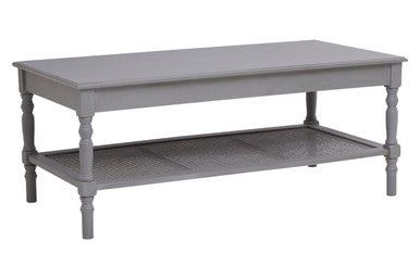 Grey Wash Wooden Coffee Table with Rattan Shelf