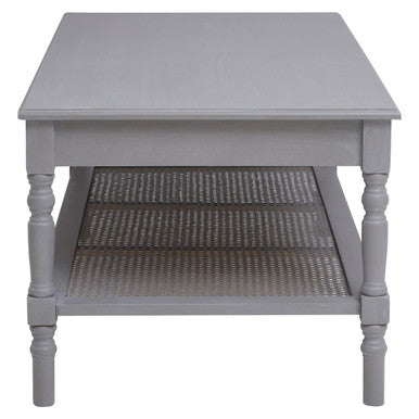 Grey Wash Wooden Coffee Table with Rattan Shelf