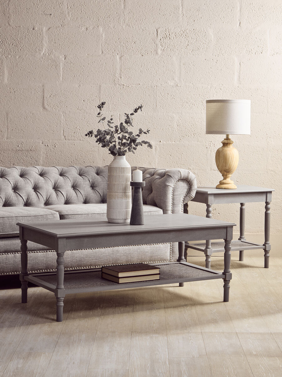 Grey Wash Wooden Coffee Table with Rattan Shelf