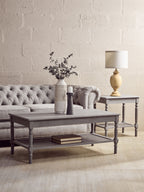 Grey Wash Wooden Coffee Table with Rattan Shelf