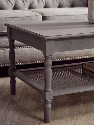 Grey Wash Wooden Coffee Table with Rattan Shelf