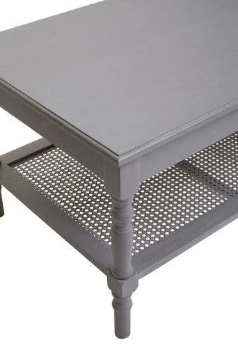Grey Wash Wooden Coffee Table with Rattan Shelf