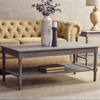 Grey Wash Wooden Coffee Table with Rattan Shelf