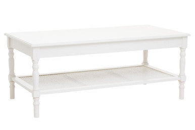 White Wooden Coffee Table with Rattan Shelf