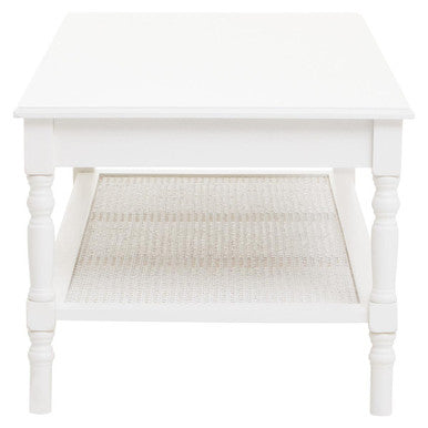White Wooden Coffee Table with Rattan Shelf