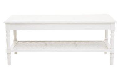 White Wooden Coffee Table with Rattan Shelf