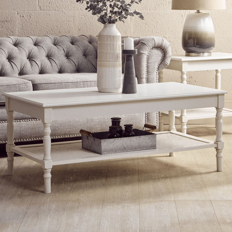 White Wooden Coffee Table with Rattan Shelf