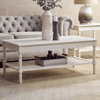 White Wooden Coffee Table with Rattan Shelf