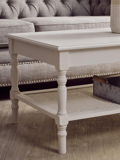 White Wooden Coffee Table with Rattan Shelf
