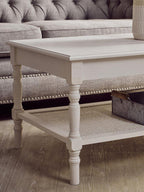White Wooden Coffee Table with Rattan Shelf