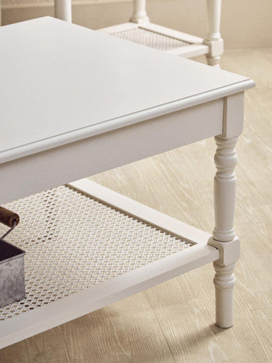 White Wooden Coffee Table with Rattan Shelf