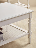 White Wooden Coffee Table with Rattan Shelf