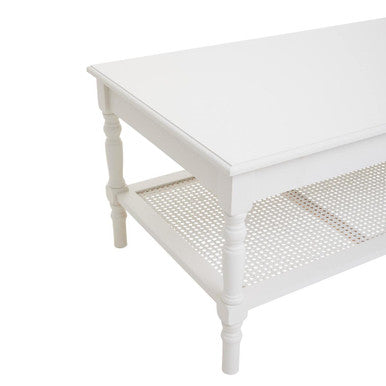 White Wooden Coffee Table with Rattan Shelf