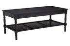 Black Wooden Coffee Table with Rattan Shelf