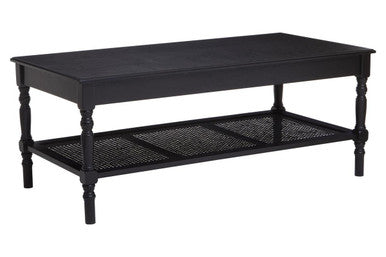Black Wooden Coffee Table with Rattan Shelf