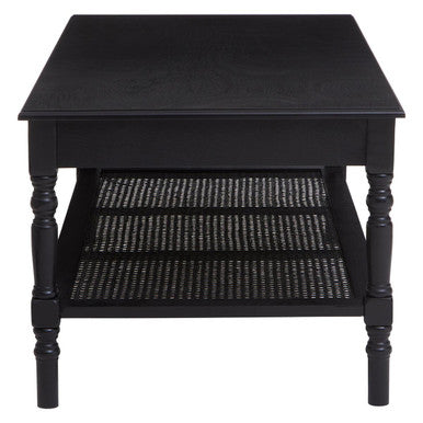 Black Wooden Coffee Table with Rattan Shelf