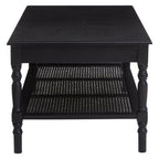 Black Wooden Coffee Table with Rattan Shelf