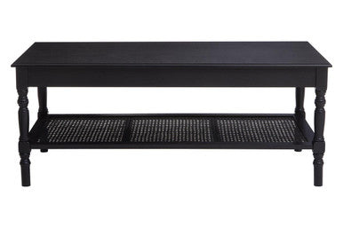 Black Wooden Coffee Table with Rattan Shelf