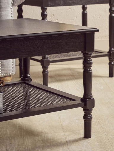 Black Wooden Coffee Table with Rattan Shelf