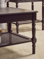 Black Wooden Coffee Table with Rattan Shelf
