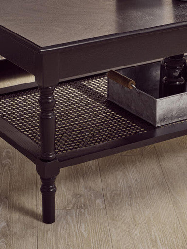 Black Wooden Coffee Table with Rattan Shelf