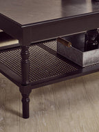 Black Wooden Coffee Table with Rattan Shelf