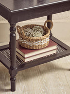 Black Wooden Coffee Table with Rattan Shelf