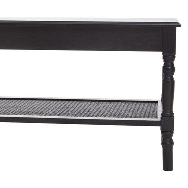 Black Wooden Coffee Table with Rattan Shelf