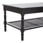 Black Wooden Coffee Table with Rattan Shelf
