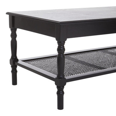 Black Wooden Coffee Table with Rattan Shelf