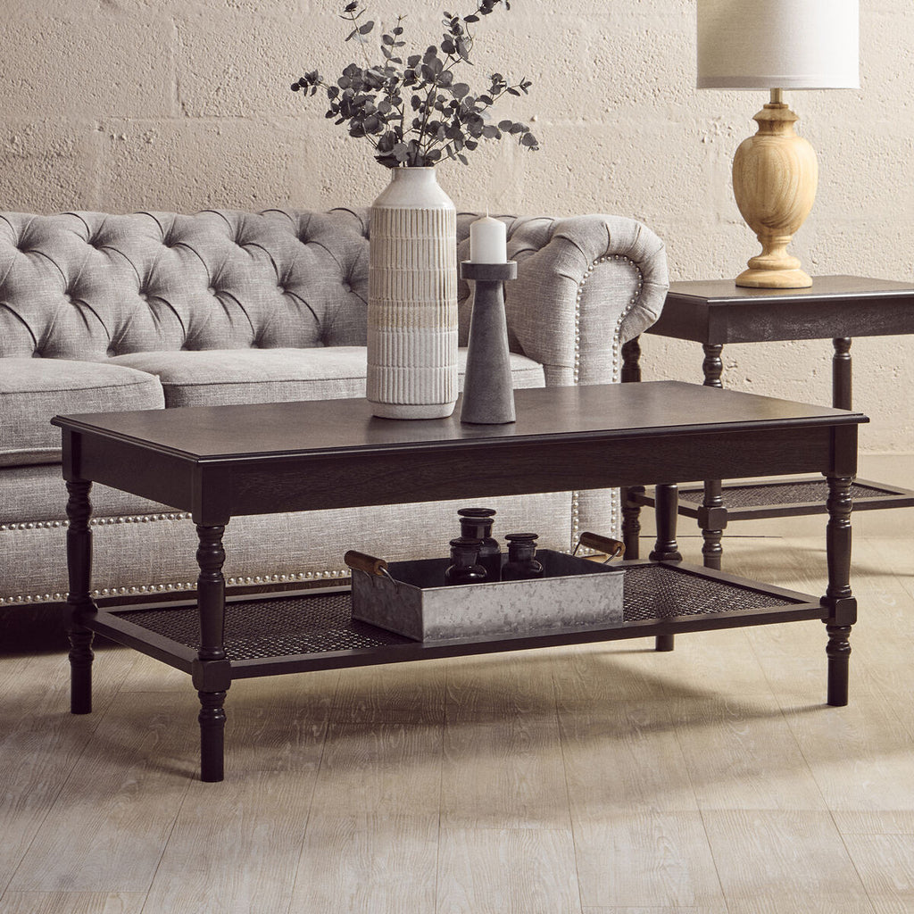 Black Wooden Coffee Table with Rattan Shelf