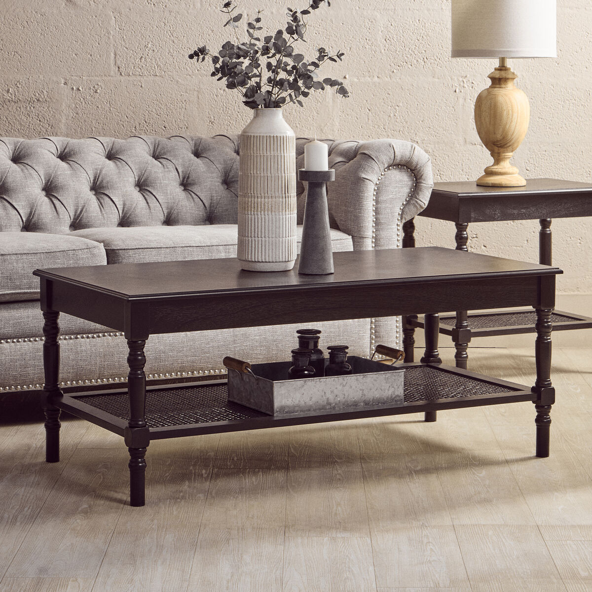 Black Wooden Coffee Table with Rattan Shelf