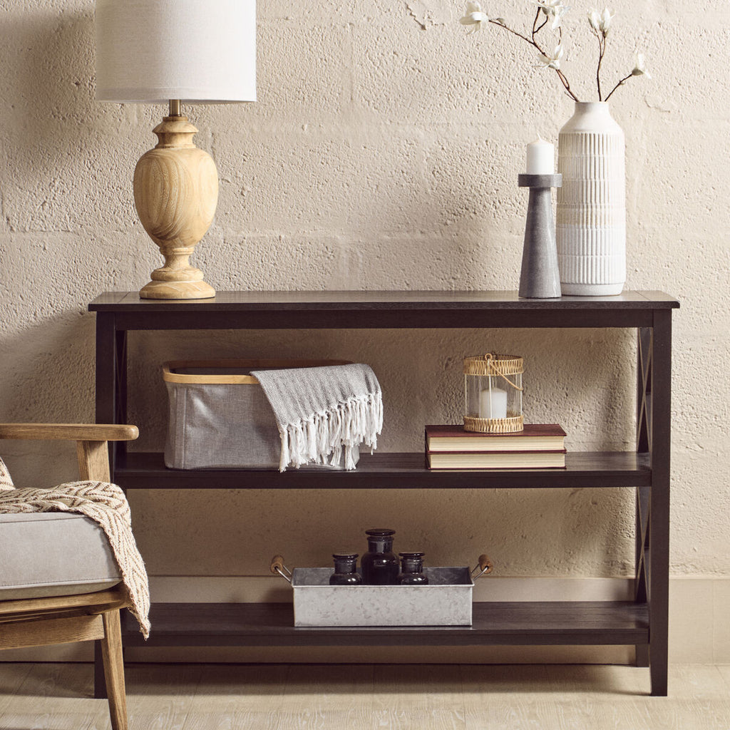 Black Wooden Large 2 Tier Bookshelf with Cross Detail