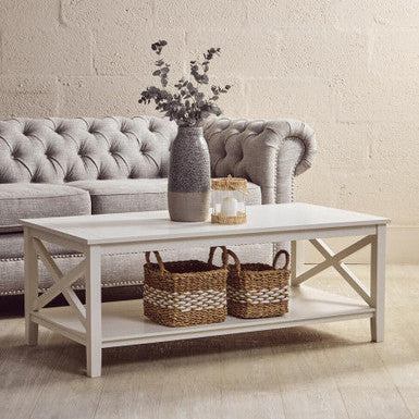 White Wooden Coffee Table with Lower Shelf