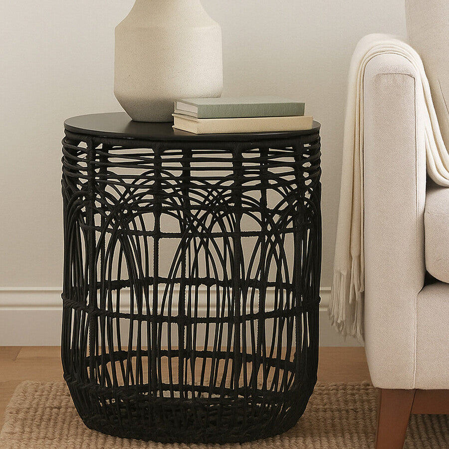 Black Rattan Round Side Table