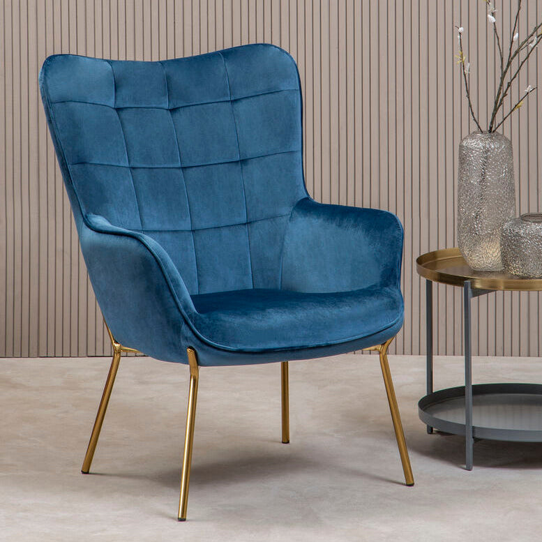 Blue Velvet Chair with Gold Finish Tapered Legs