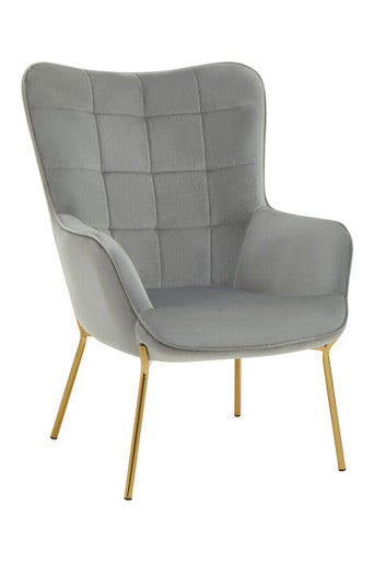Grey Velvet Chair with Gold Finish Tapered Legs