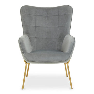 Grey Velvet Chair with Gold Finish Tapered Legs