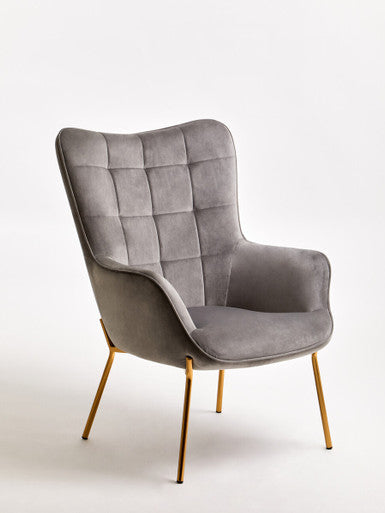 Grey Velvet Chair with Gold Finish Tapered Legs