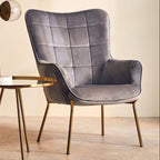 Grey Velvet Chair with Gold Finish Tapered Legs