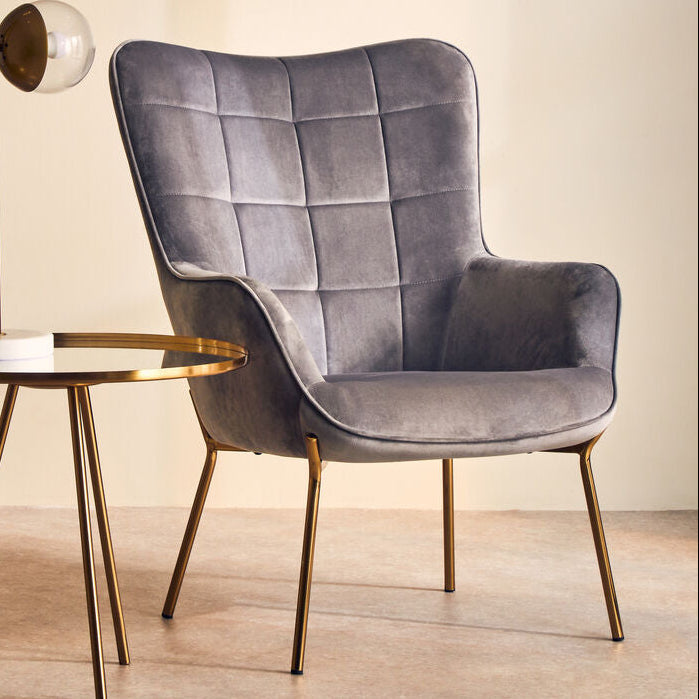 Grey Velvet Chair with Gold Finish Tapered Legs