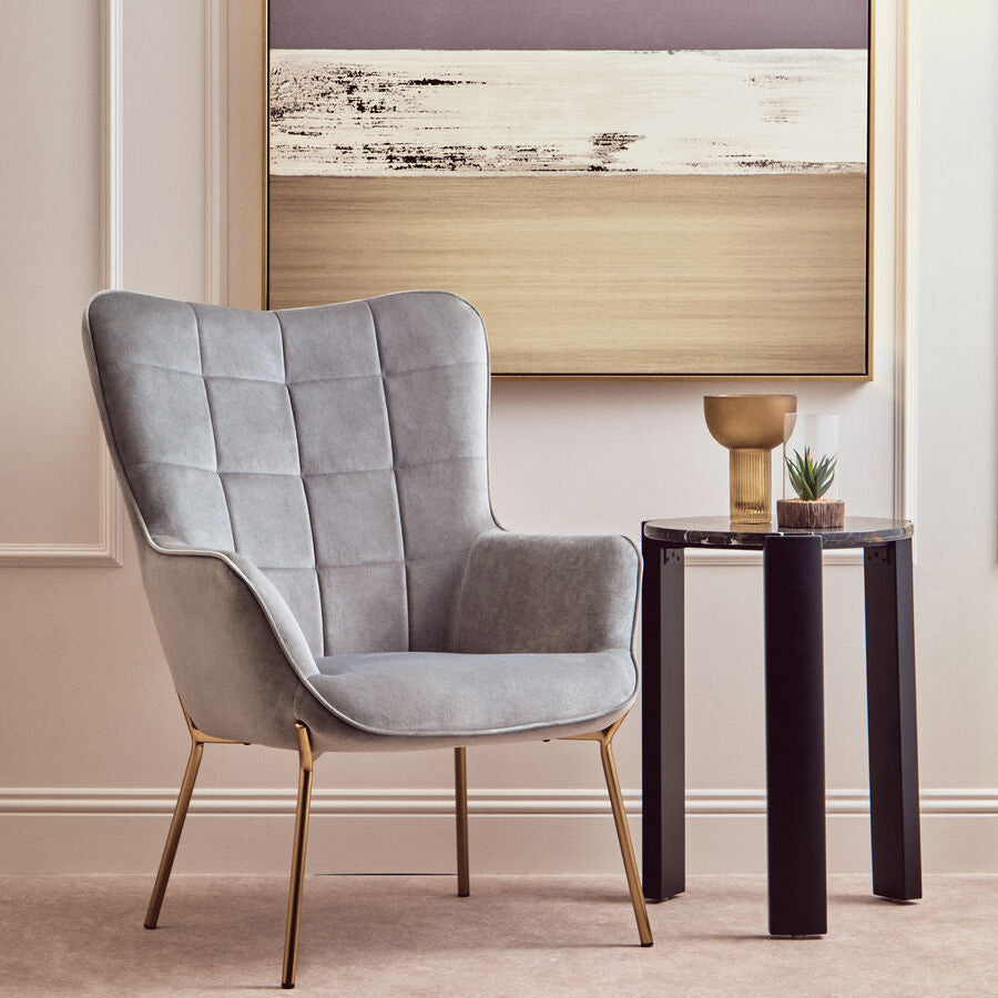 Grey Velvet Chair with Gold Finish Tapered Legs