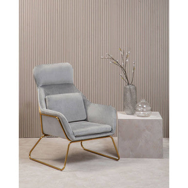 Grey Velvet Armchair with Gold Metal Legs
