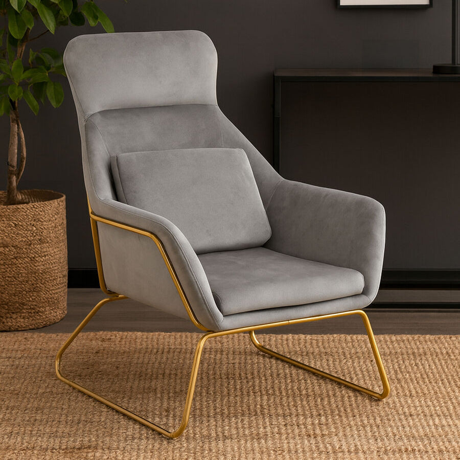 Grey Velvet Armchair with Gold Metal Legs