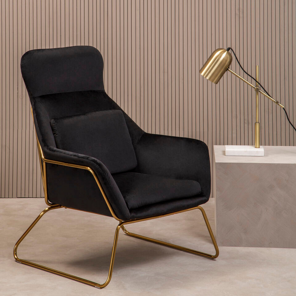 Black Velvet Armchair with Gold Metal Legs