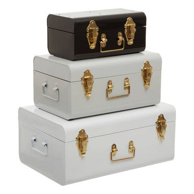 Set of Three White Grey and Black Storage Trunks