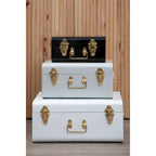 Set of Three White Grey and Black Storage Trunks