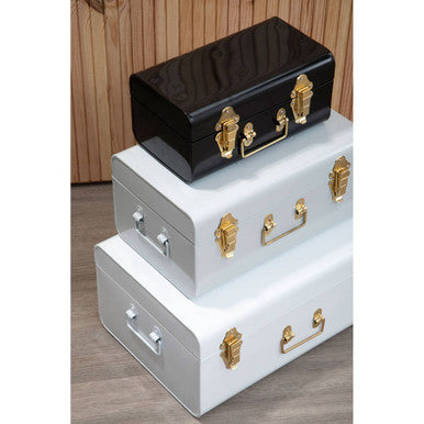 Set of Three White Grey and Black Storage Trunks