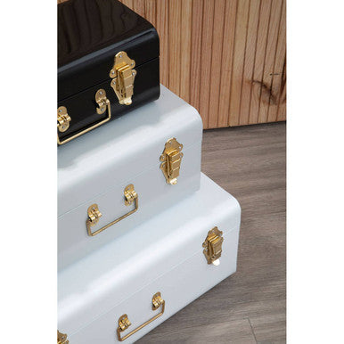Set of Three White Grey and Black Storage Trunks